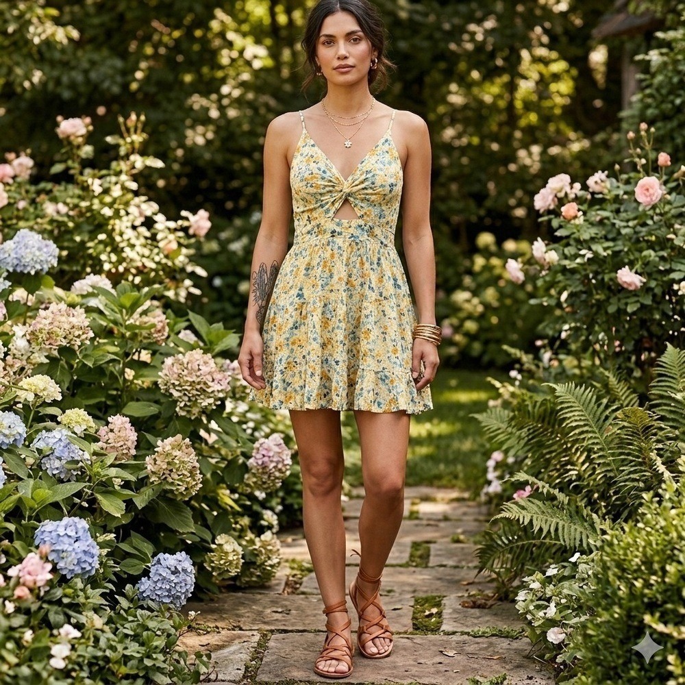 Angie Floral Tie Front Cutout Mini Dress Yellow Blue XS Boho Cottagecore Summer